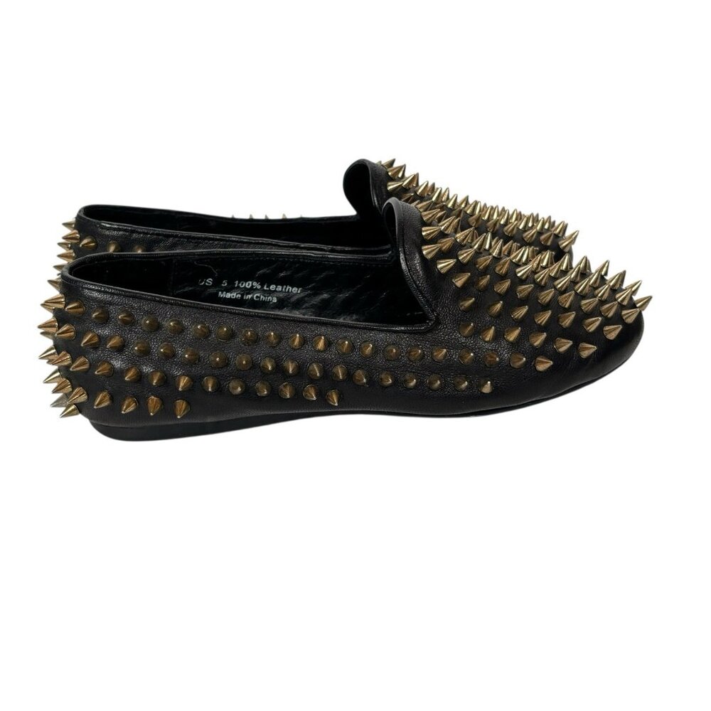 UNIF Hellraisers Womens 5 Spiked Flats Goth Punk Black Gold Leather Whimsigoth - Picture 4 of 8